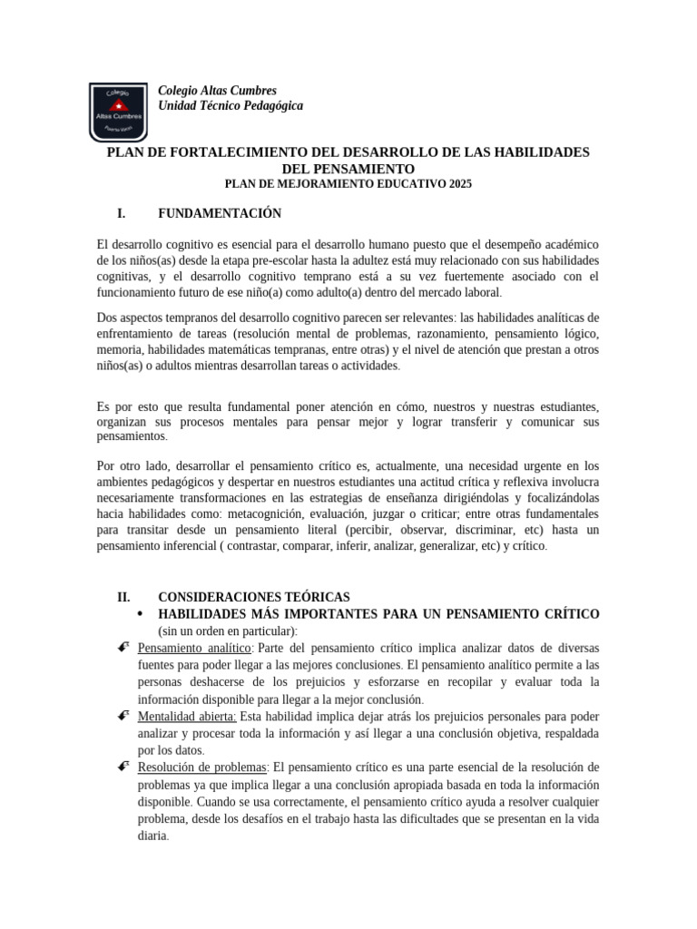 PLAN de desarrollo de las habilidades del pensamiento 2025 | PDF ...