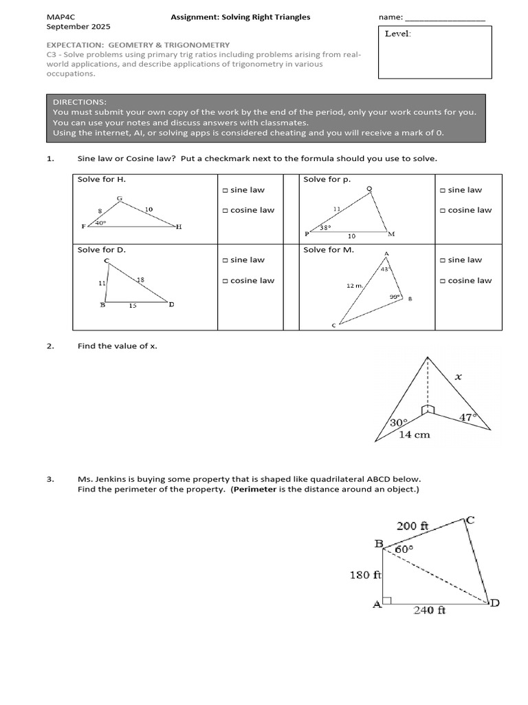 Solving Right Triangles Assignment | PDF | Trigonometry | Triangle Geometry