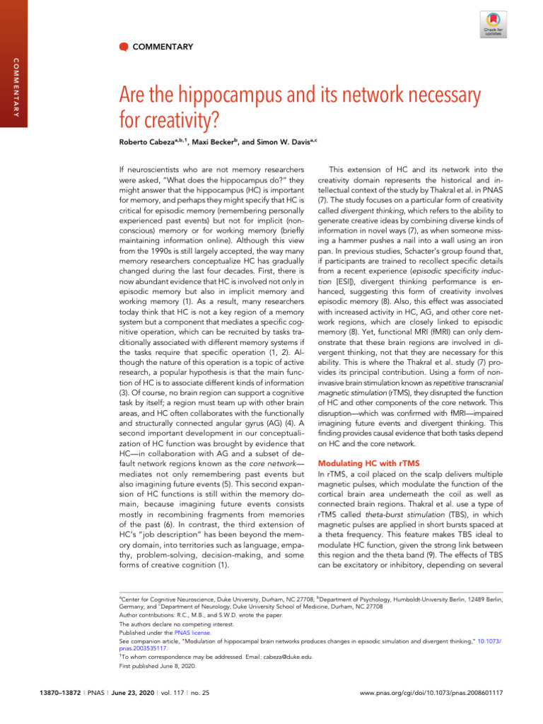Hippocampus Role in Creativity Explored | PDF | Memory | Creativity