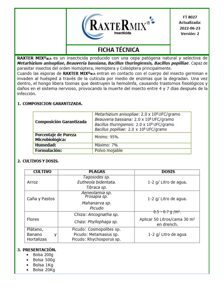 Insecticida Biológico RAXTER MIX® W.P. | PDF