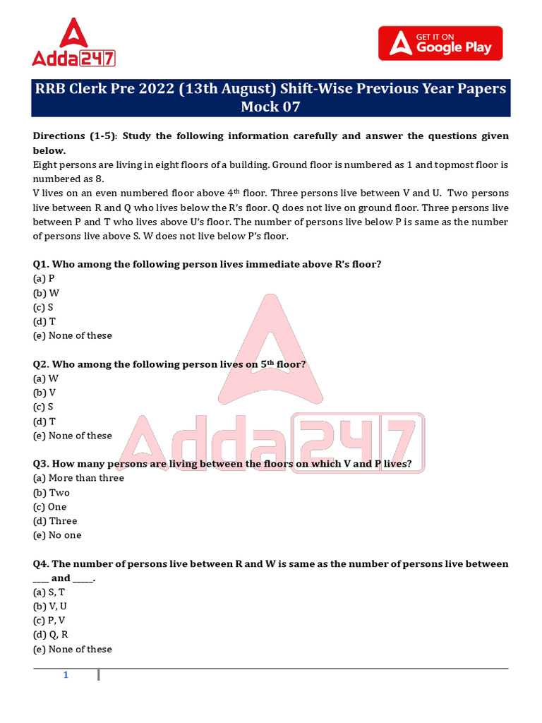 RRB Clerk Pre 2022 Mock Paper Analysis | PDF