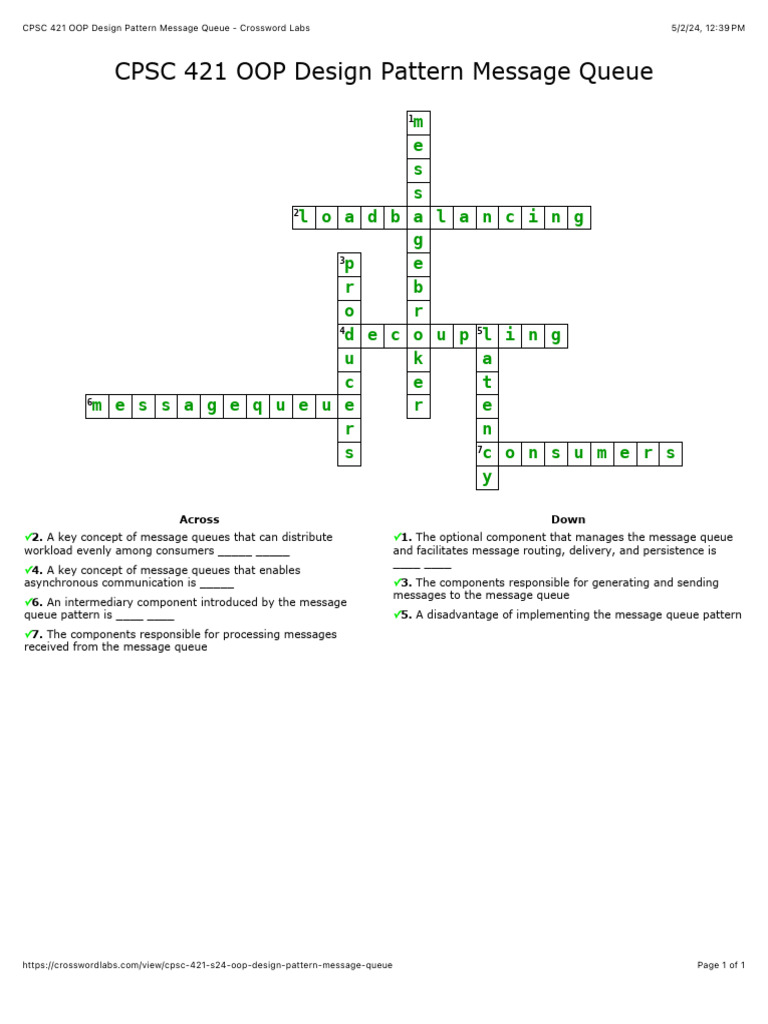 CPSC 421 OOP Design Pattern Message Queue - Crossword Labs | PDF