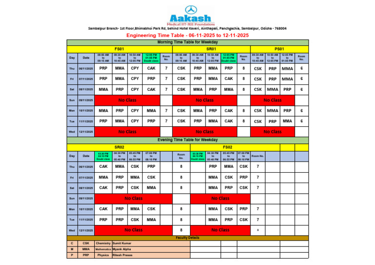 Engineering Time Table - 06-11-2025 To 12-11-2025 | PDF