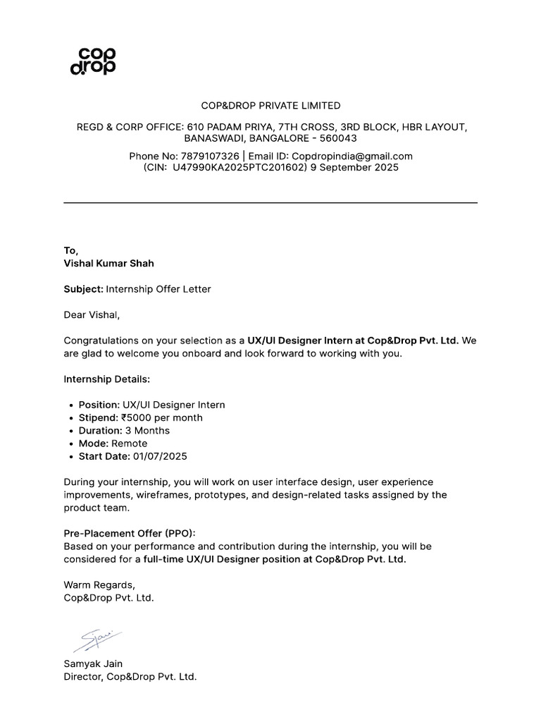 Internship Offer for UX/UI Designer | PDF