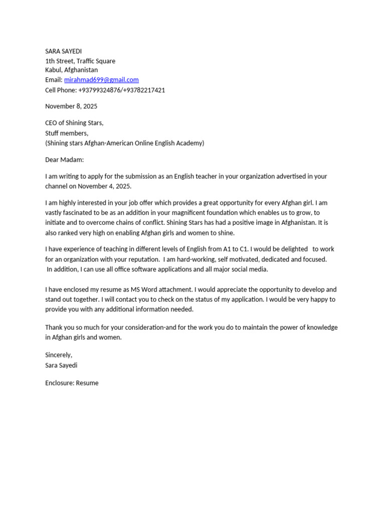English Teacher Application - Sara Sayedi | PDF