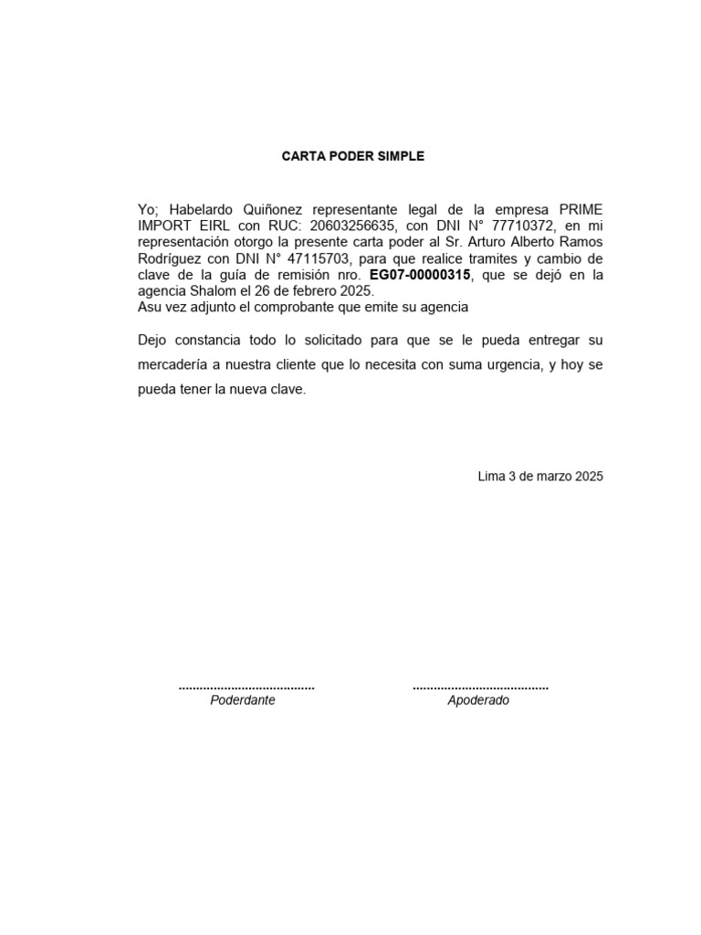 Carta Poder Simple para Tramites Urgentes | PDF