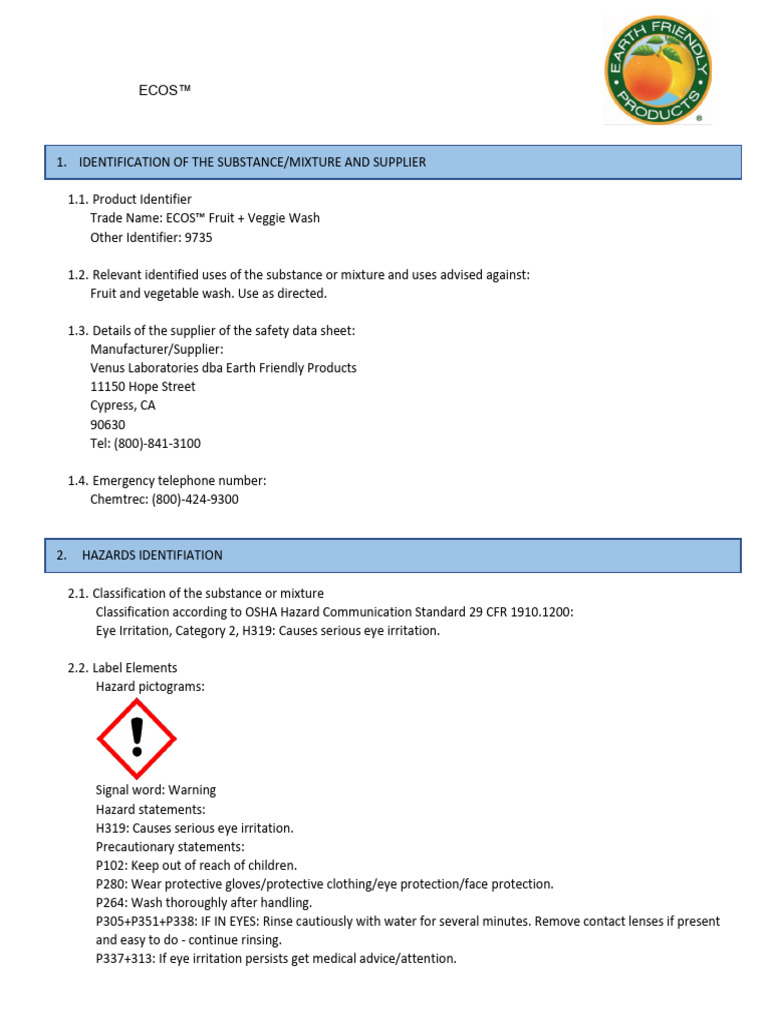 SDS ECOS Fruit Veggie Wash | PDF | Chemical Substances | Occupational ...