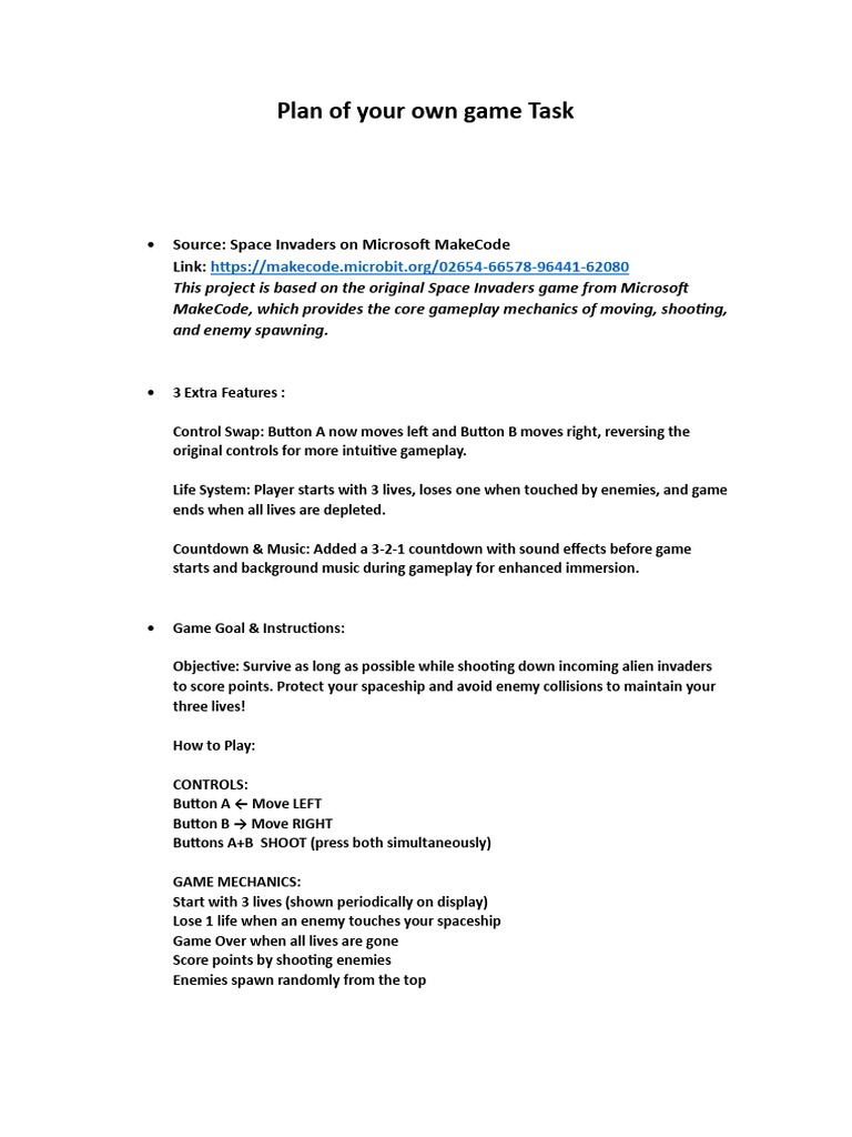 Space Invaders Game Plan with Features | PDF