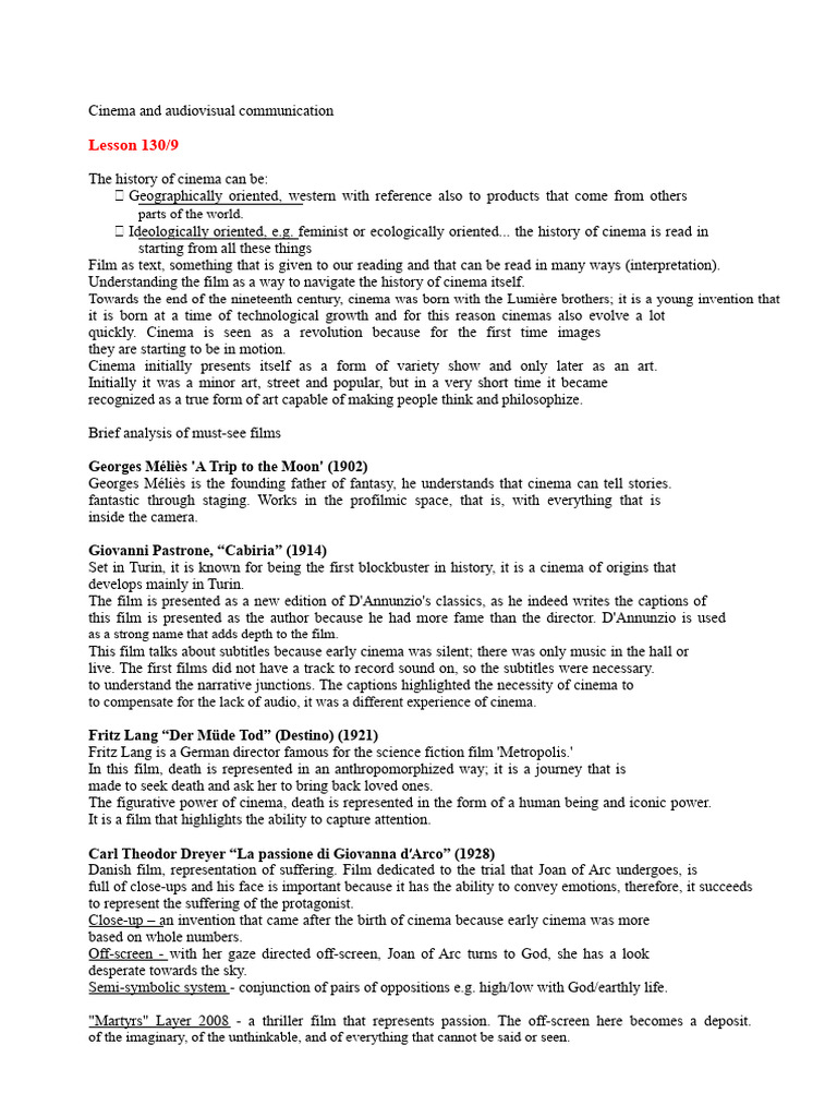 Cinema and Audiovisual Communication - Notes | PDF | Cinematography ...