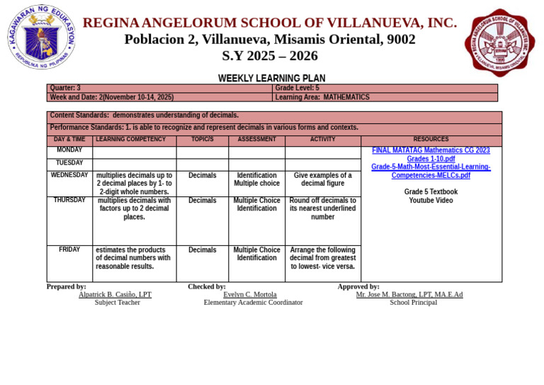 Weekly-Learning-Plan-Math 5 q3 Week 2 | PDF