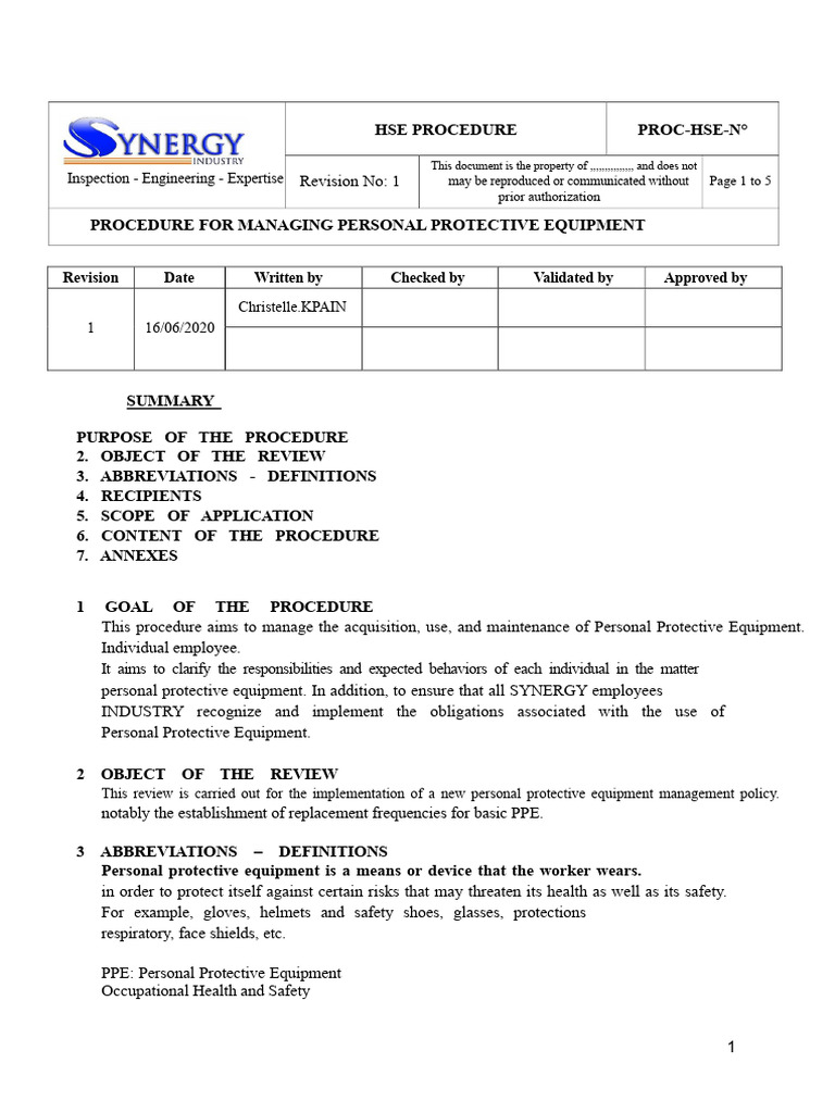 Personal Protective Equipment Management Procedure | PDF | Personal ...