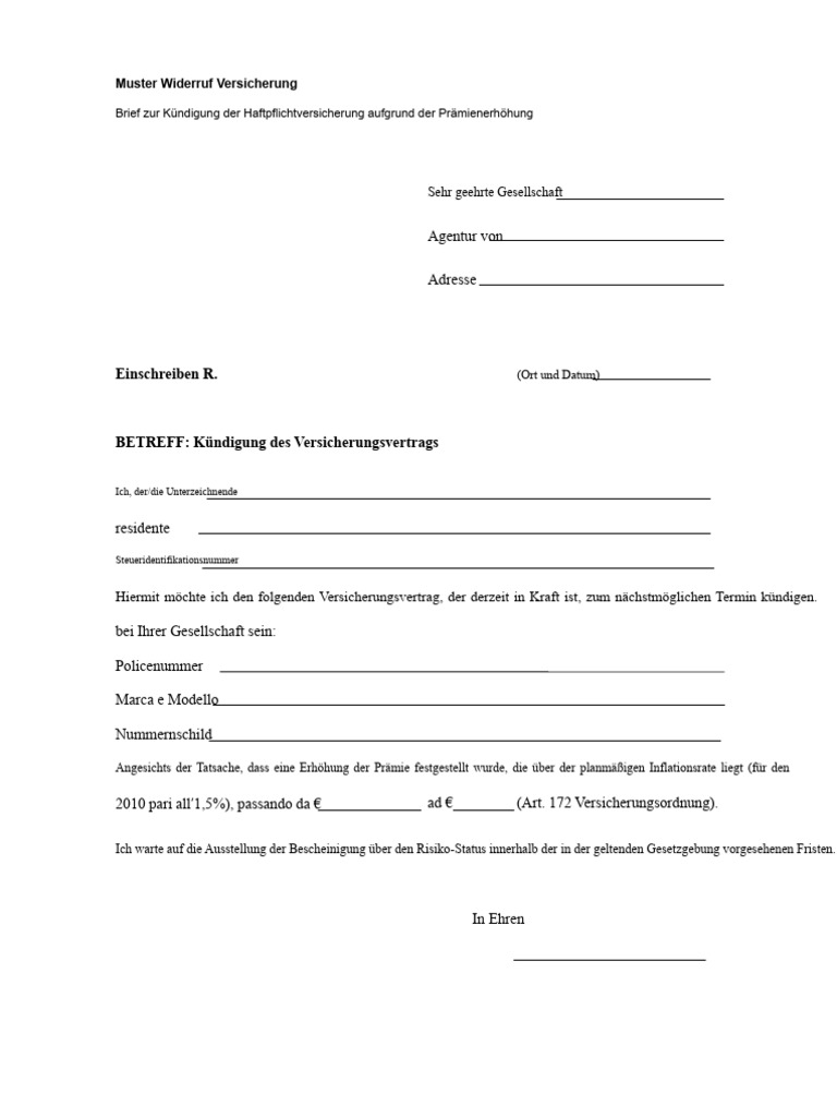 Widerruf Versicherung Vorlage