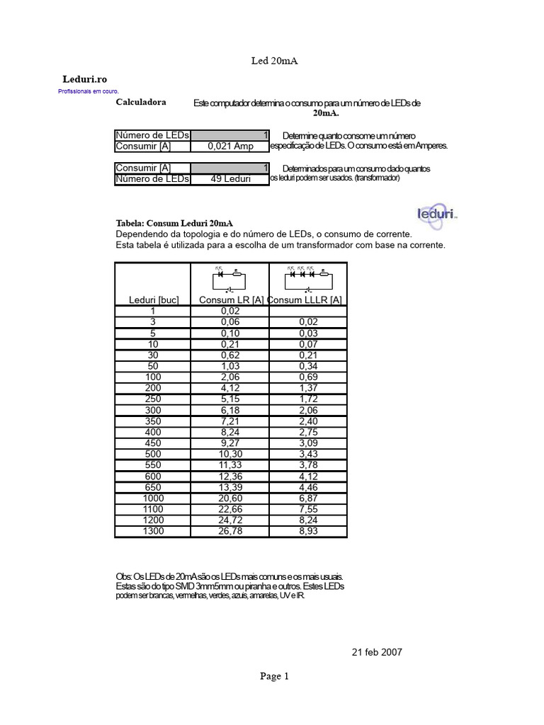 Consumo de LEDs: Cálculo e Tabelas | PDF | Diodo emissor de luz ...