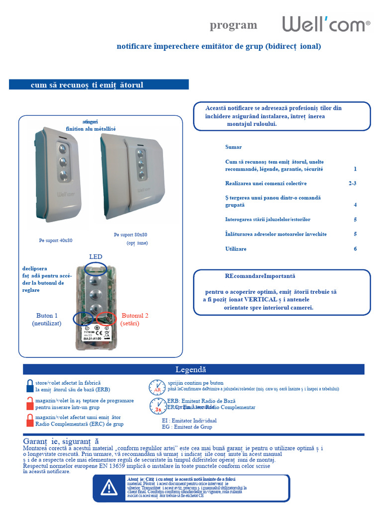 Notificare Reglaj Wellcom Comandă Grup | PDF