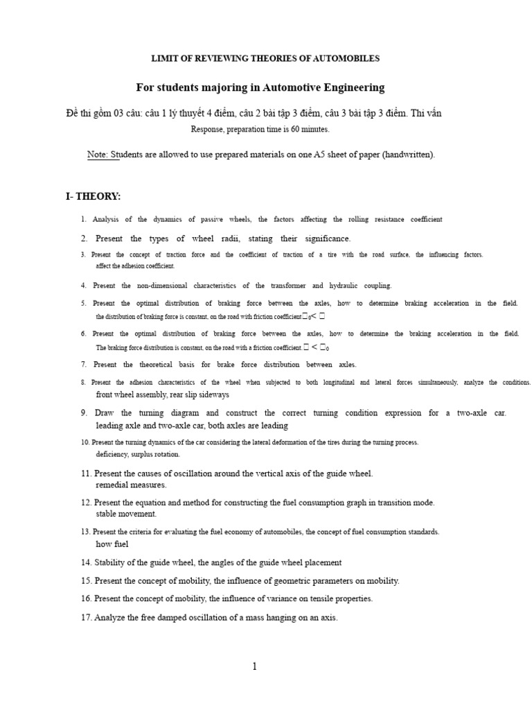 Automotive Engineering Exam Overview | PDF | Force | Brake