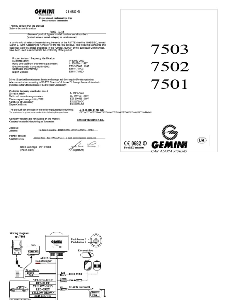 R&TTE Compliance Declaration for 7503 Alarm | PDF | Electromagnetic ...