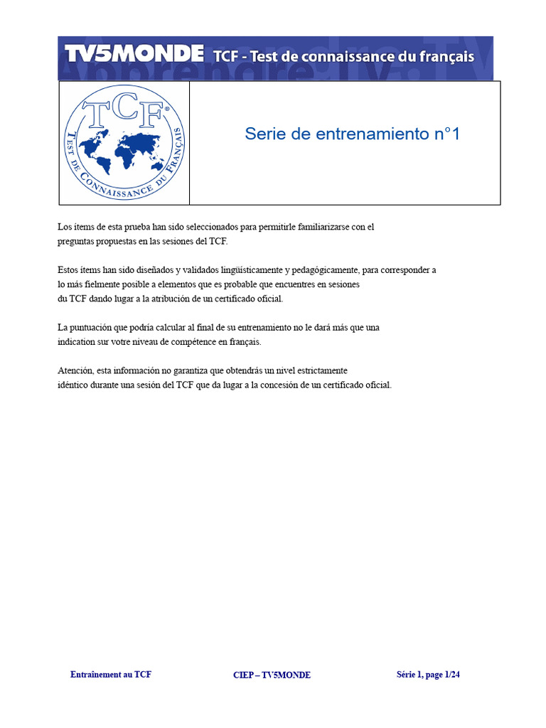 Entrenamiento para el TCF: Serie 1 | PDF