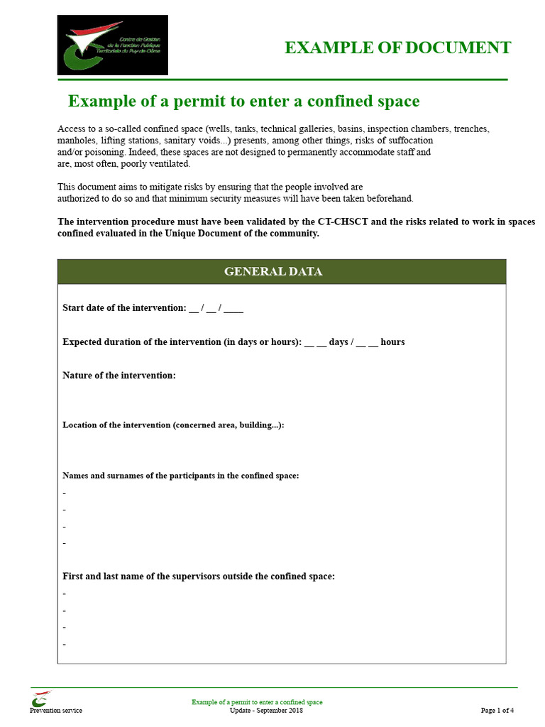 Confined Space Entry Permit Example | PDF | Safety | Occupational ...