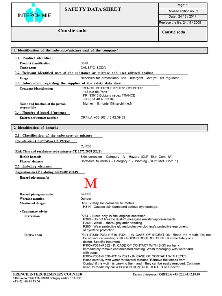 Caustic Soda Safety Data Sheet | PDF | Sodium Hydroxide | Firefighting