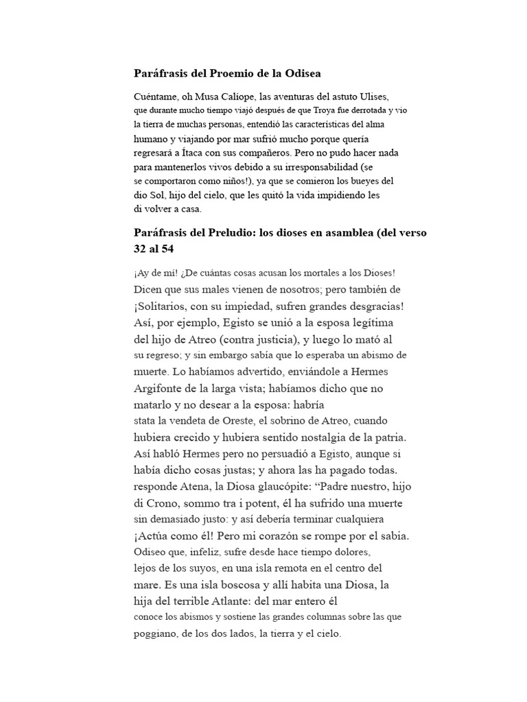 Paráfrasis del Proemio de la Odisea | PDF