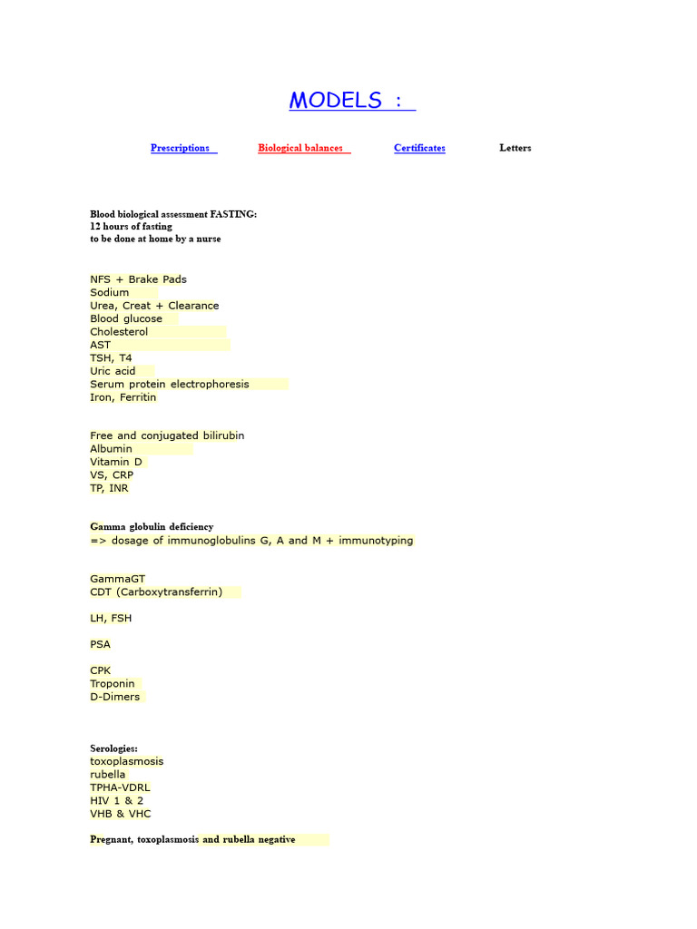 Comprehensive Blood and Urine Test Models | PDF