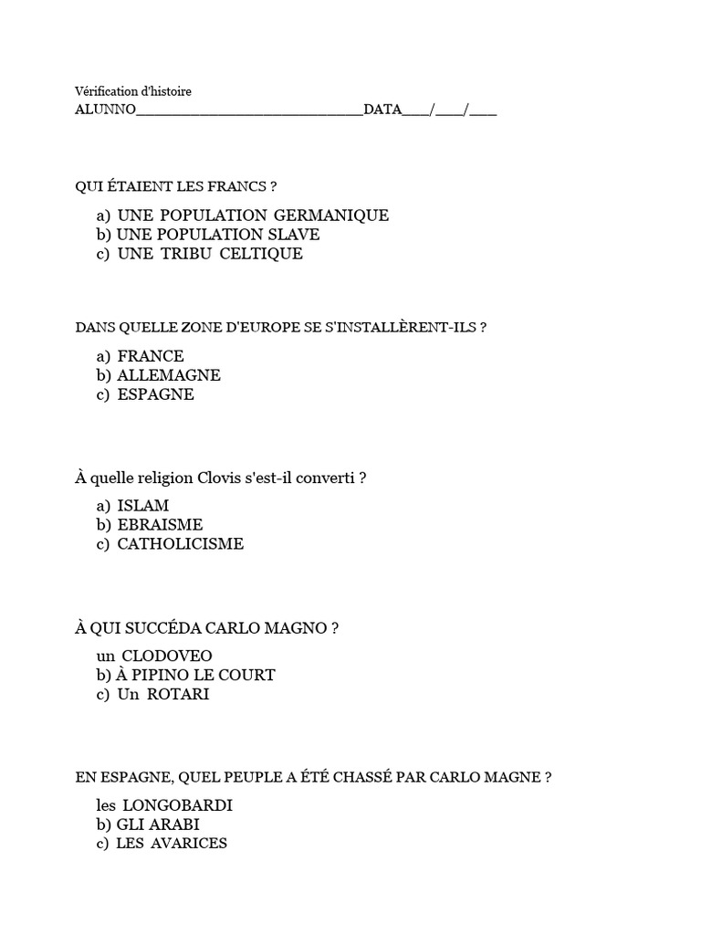 Quiz sur les Francs et Charlemagne | PDF
