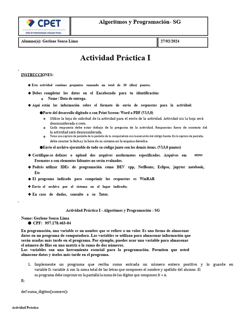 Actividad Práctica de Algoritmos y Programación | PDF | Programa de ...
