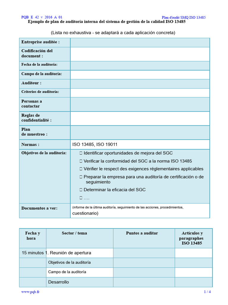 Plan de Auditoría ISO 13485 SMQ | PDF | Sistema de manejo de calidad ...