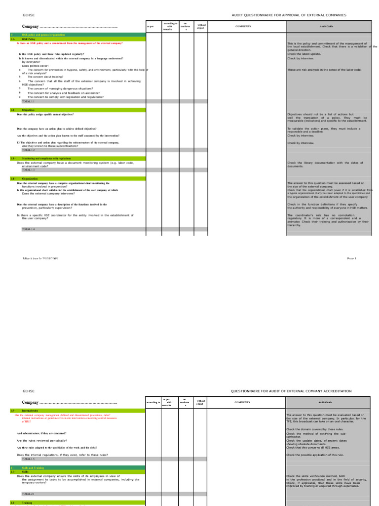 External Company HSE Audit Questionnaire | PDF | Audit | Verification ...