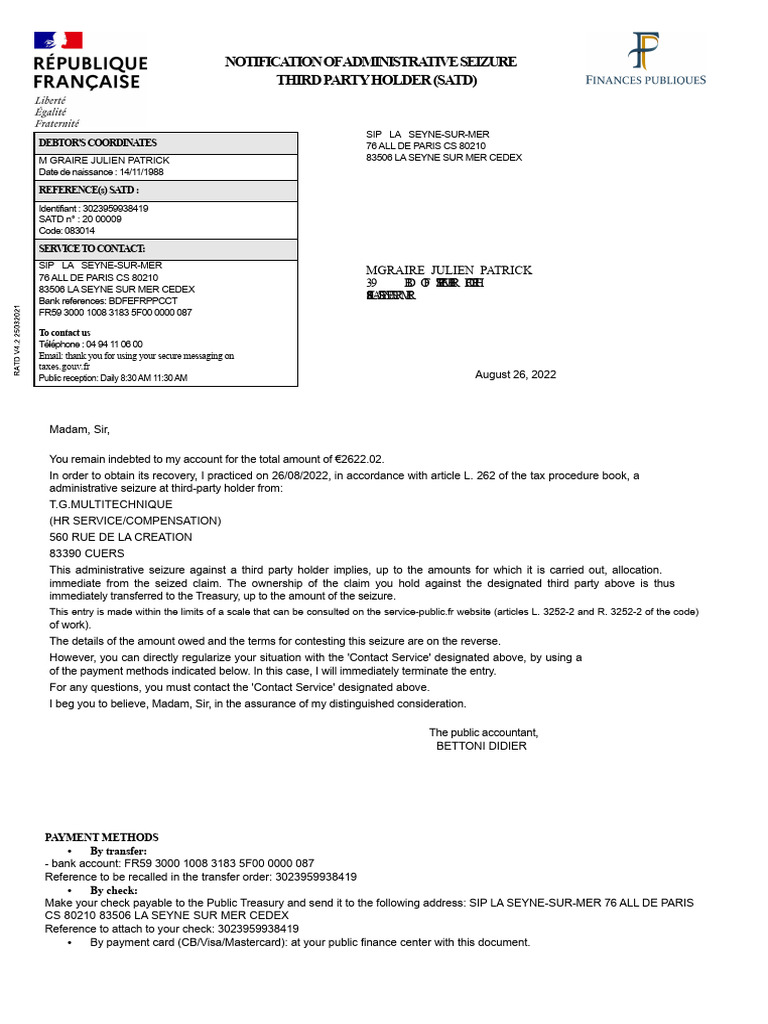 Notification of Notice To Third-Party Holder | PDF | Fine (Penalty) | Debt
