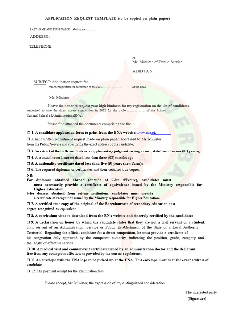 ENA Admission Application Template | PDF