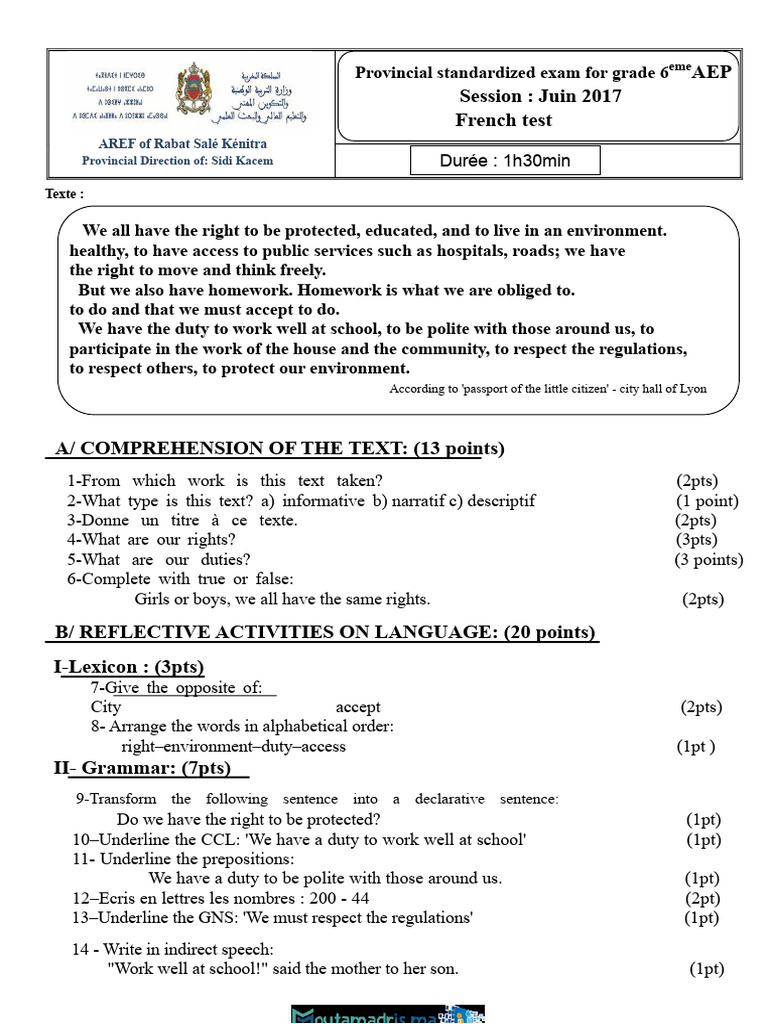 Grade 6 Provincial Exam: French Test | PDF | Grammatical Tense ...