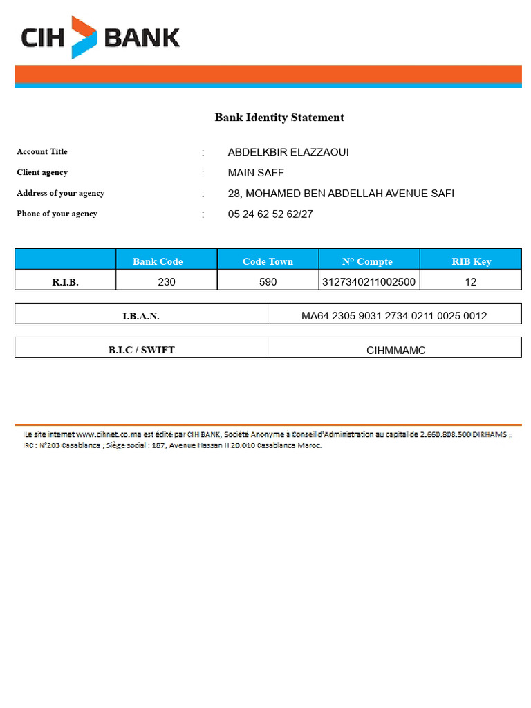 Bank Identity Statement for Abdelkabir Elazzaoui | PDF