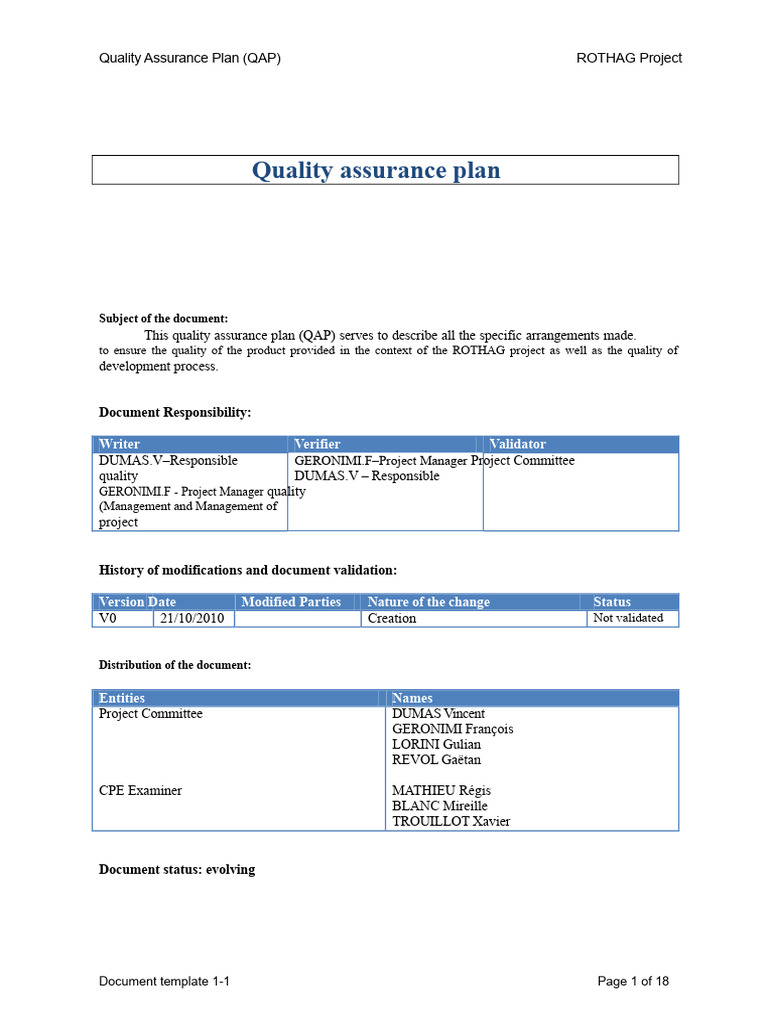 ROTHAG Project Quality Assurance Plan | PDF | Verification And ...