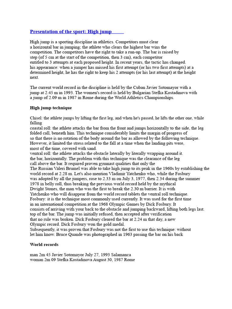 High Jump: Techniques and Records Explained | PDF | Sports | Athletic ...