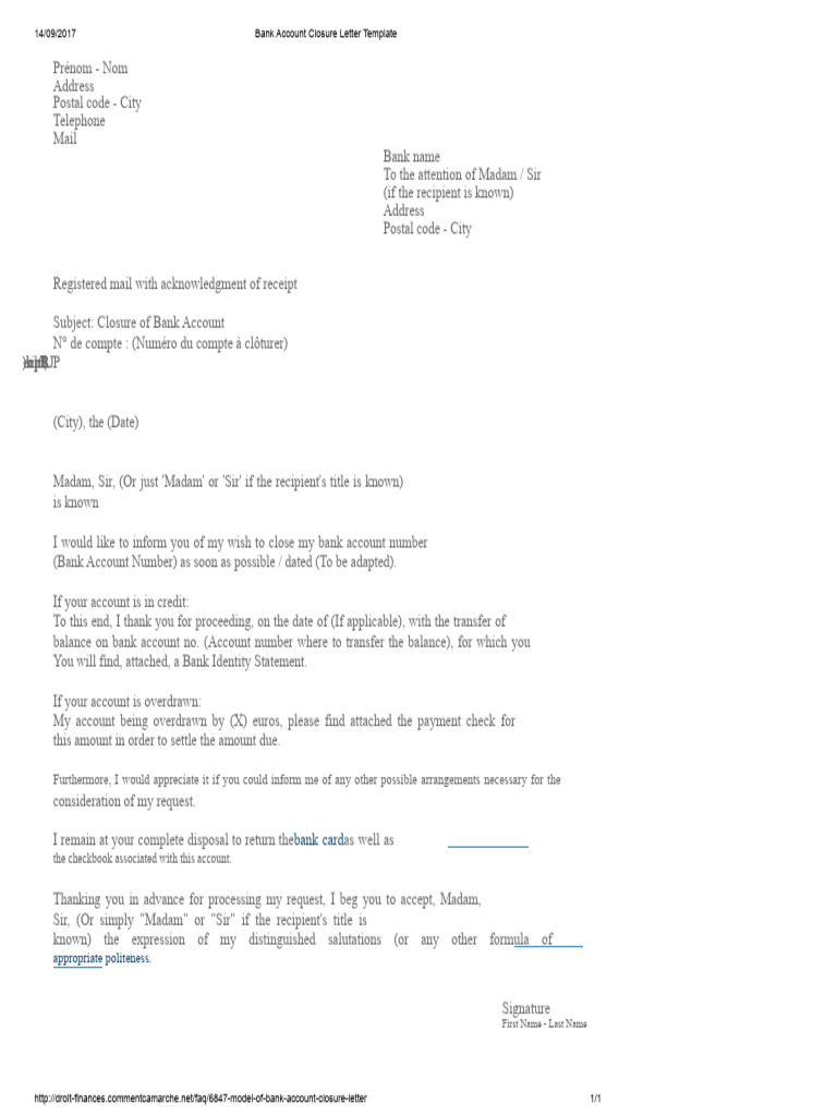 Bank Account Closure Letter Template PDF | PDF | Mail | Registered Mail