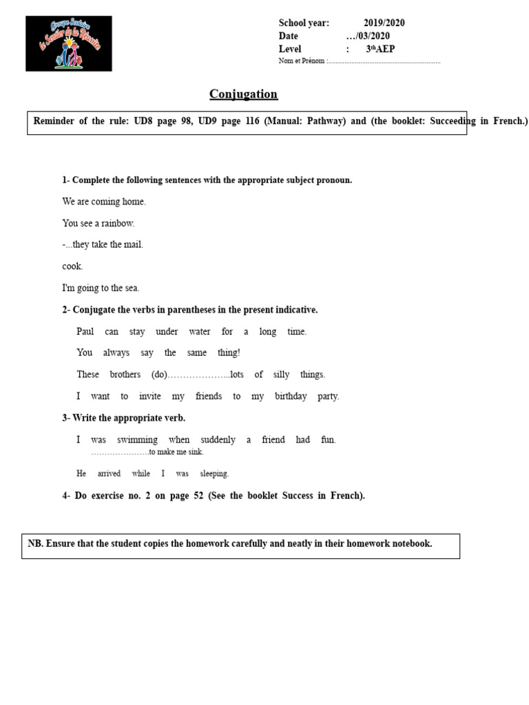 French Homework Exercises 2019/2020 | PDF | Linguistics | Syntax