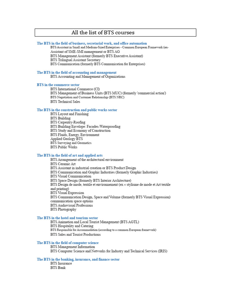 Comprehensive List of BTS Courses | PDF