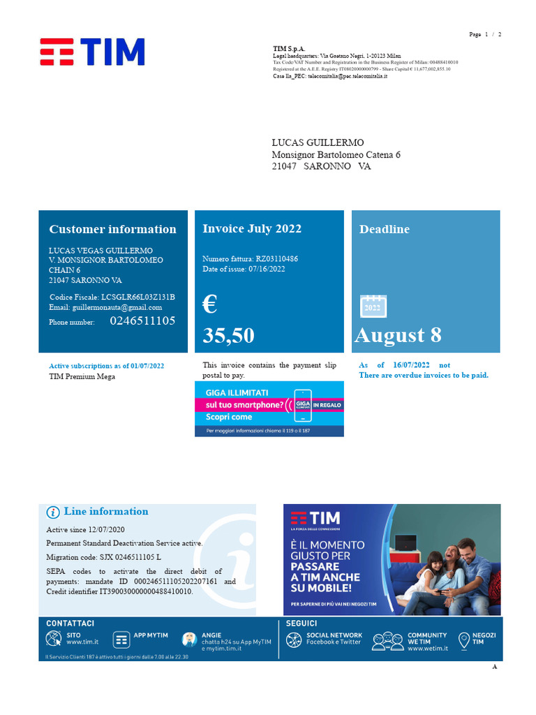 TIM Invoice RZ03110486 - July 2022 | PDF | Value Added Tax | Invoice