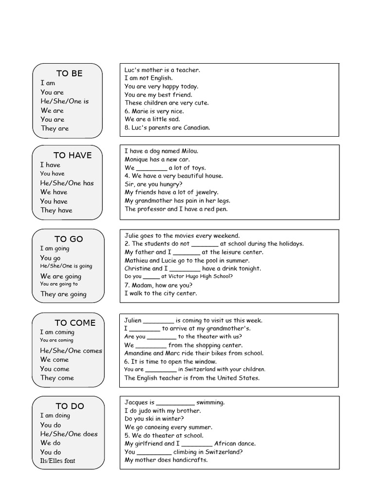 The Present of The Verbs To Be To Have To Go To Come and To Do ...
