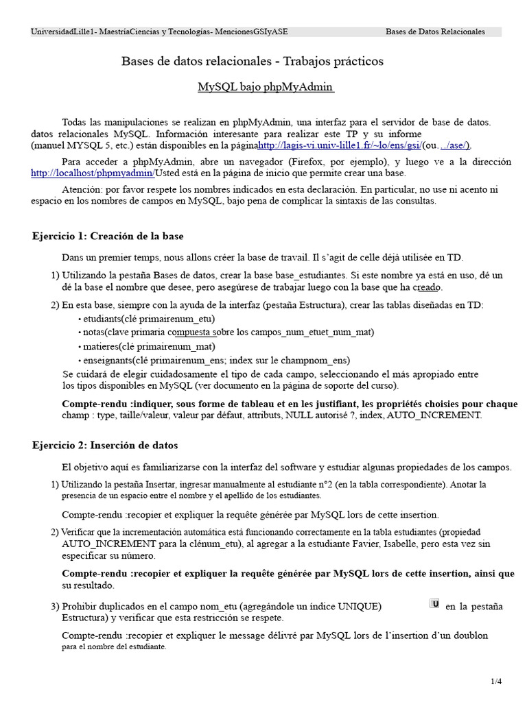 MySQL: Prácticas de Bases de Datos Relacionales | PDF | Mi sql | SQL
