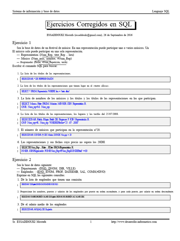 Ejercicios SQL para Bases de Datos | PDF | SQL | Bases de datos