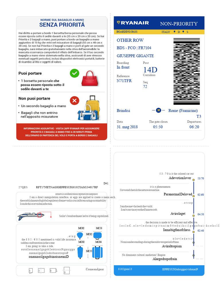 Boarding Pass for Flight FR7104 to Rome | PDF