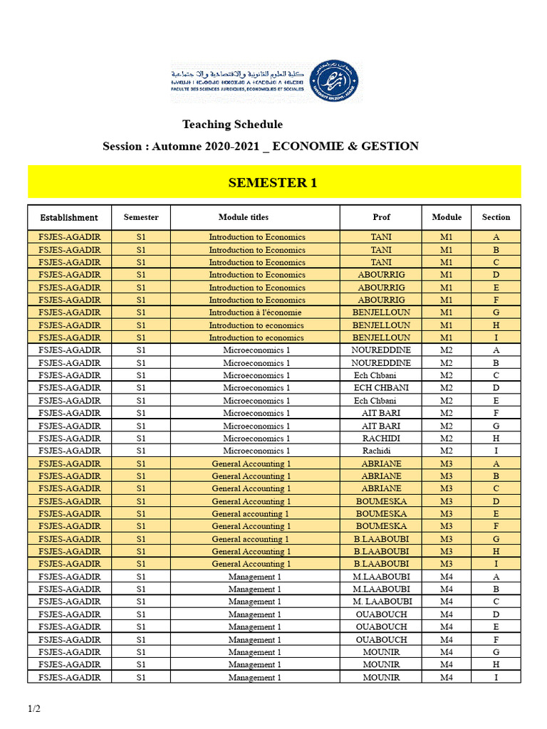 Course Schedule For Semester 1 (Economics & Management) | PDF | Science ...