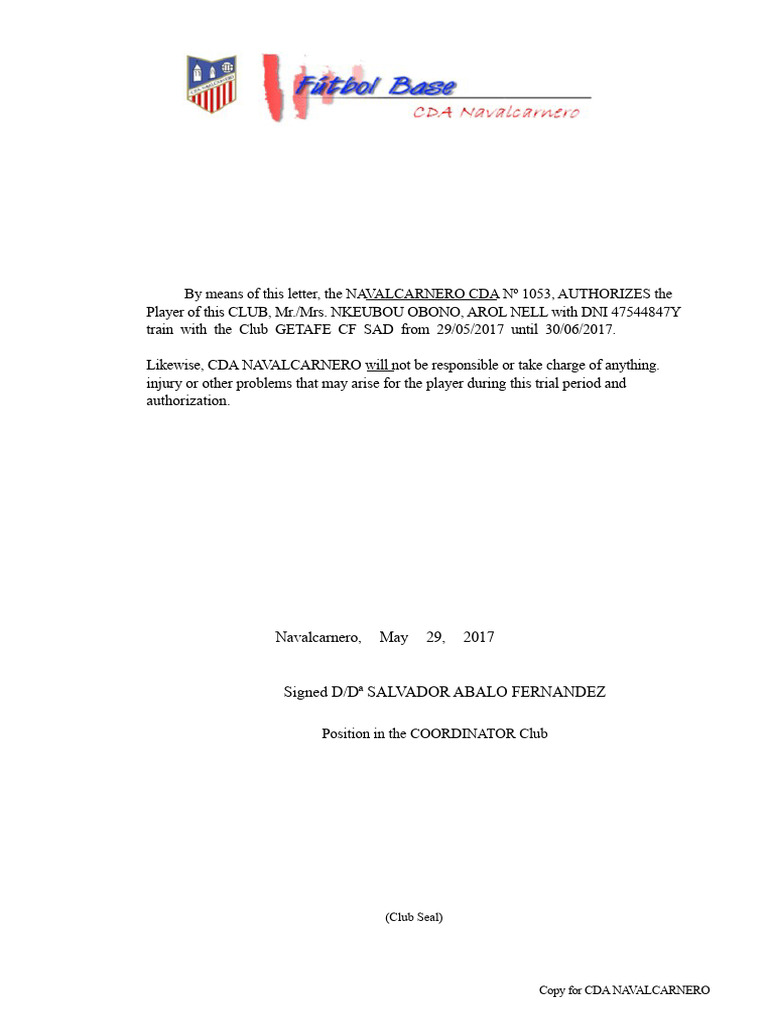 Player Training Authorization Letters | PDF