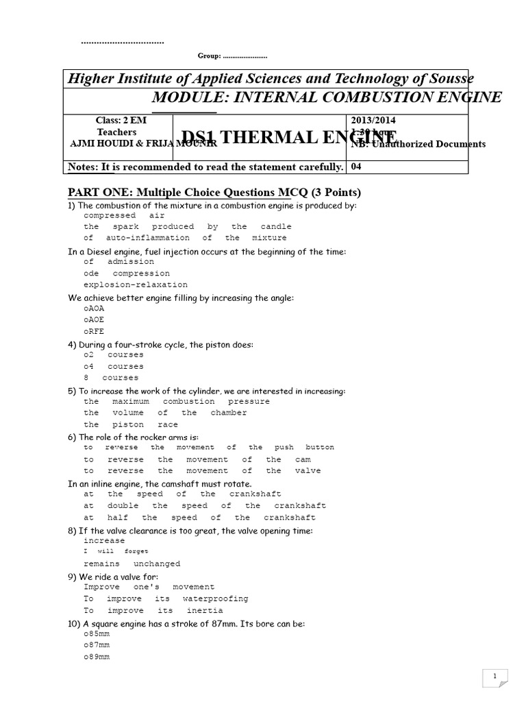Internal Combustion Engine MCQ & Problems | PDF | Engines | Internal ...