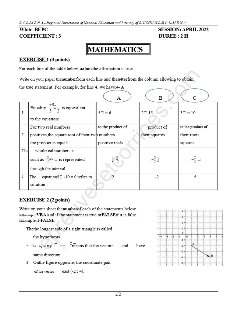 Subject Bepc Blanc 2022 Mathematics Regional of Boundiali Ivory Coast-1 ...