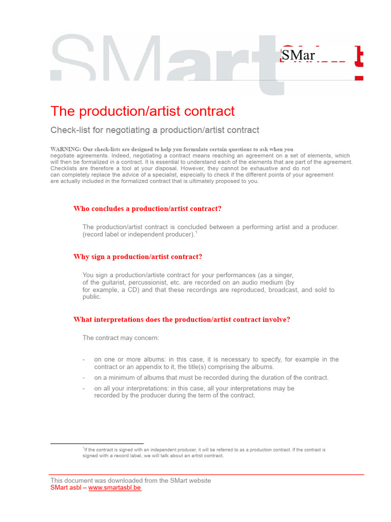 Production Artist Contract Checklist | PDF | Royalty Payment | Prices