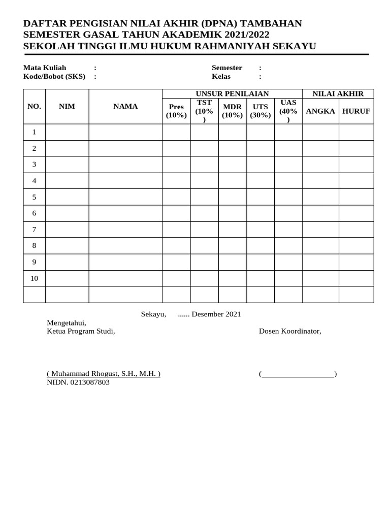 DPNA Semester Gasal 2021/2022 STIH Rahmaniyah | PDF