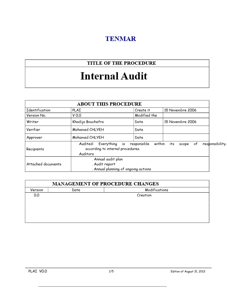 TENMAR Internal Audit Procedure Guide | PDF | Audit | Internal Audit